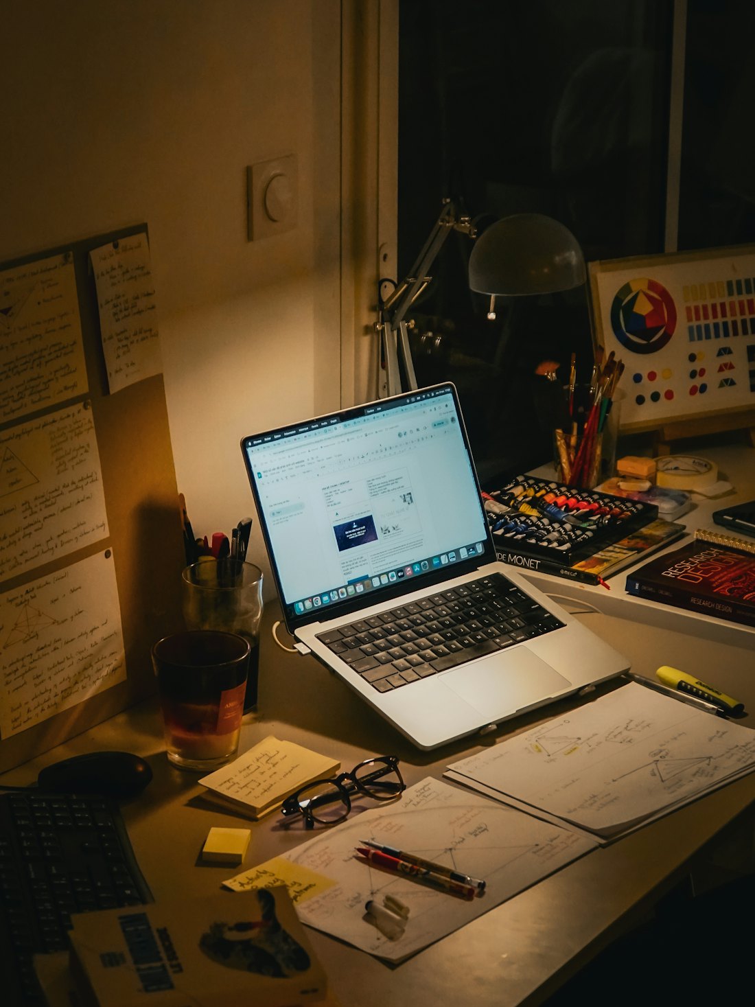 A desk lit by a lamp in the evening, with an open laptop, notes and glasses